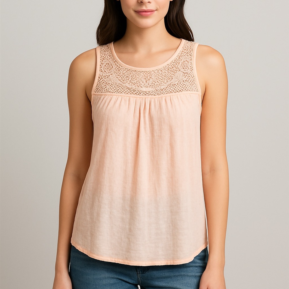 Lucky Brand Crochet Yoke Tank Top Pink Size Small